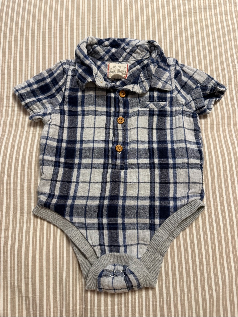 Baby Boy Me and Henry London Collared Onesie Blue Gray Plaid 12-18 Months